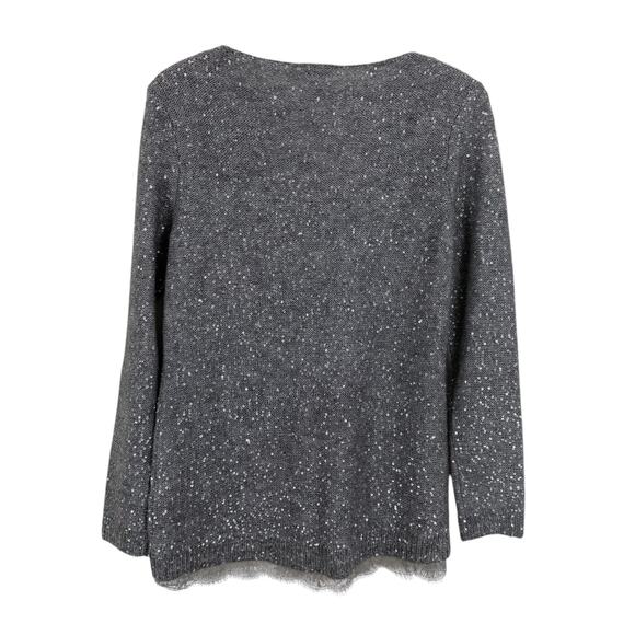 Chico's Women Silver Sequined Sweater Size 0 (US Small/4) Lace Hem Glam Holiday - Picture 6 of 10